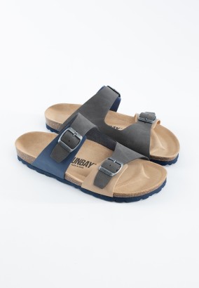 Sandales Lulally 2 Brides Bleu marine et beige et gris