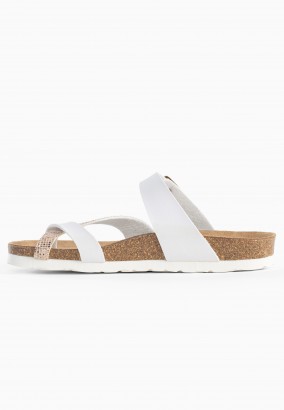 Sandales Tulipe à entre-doigts Blanc et or à Paillettes