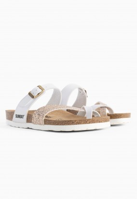 Sandales Tulipe à entre-doigts Blanc et or à Paillettes